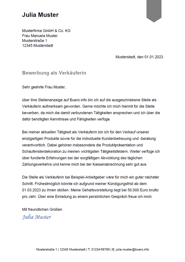 BewerbungsanschreibenVorlage Verkäufer / Verkäuferin (kostenlos)