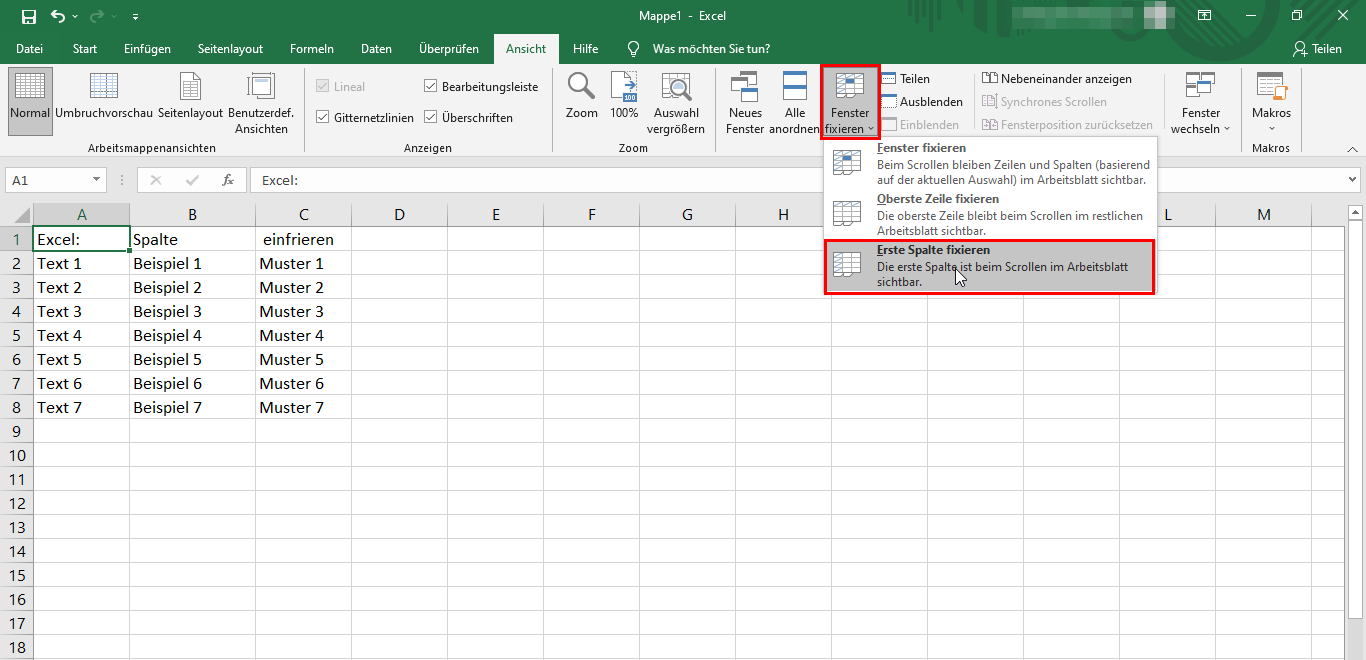 Excel: Erste Spalte fixieren