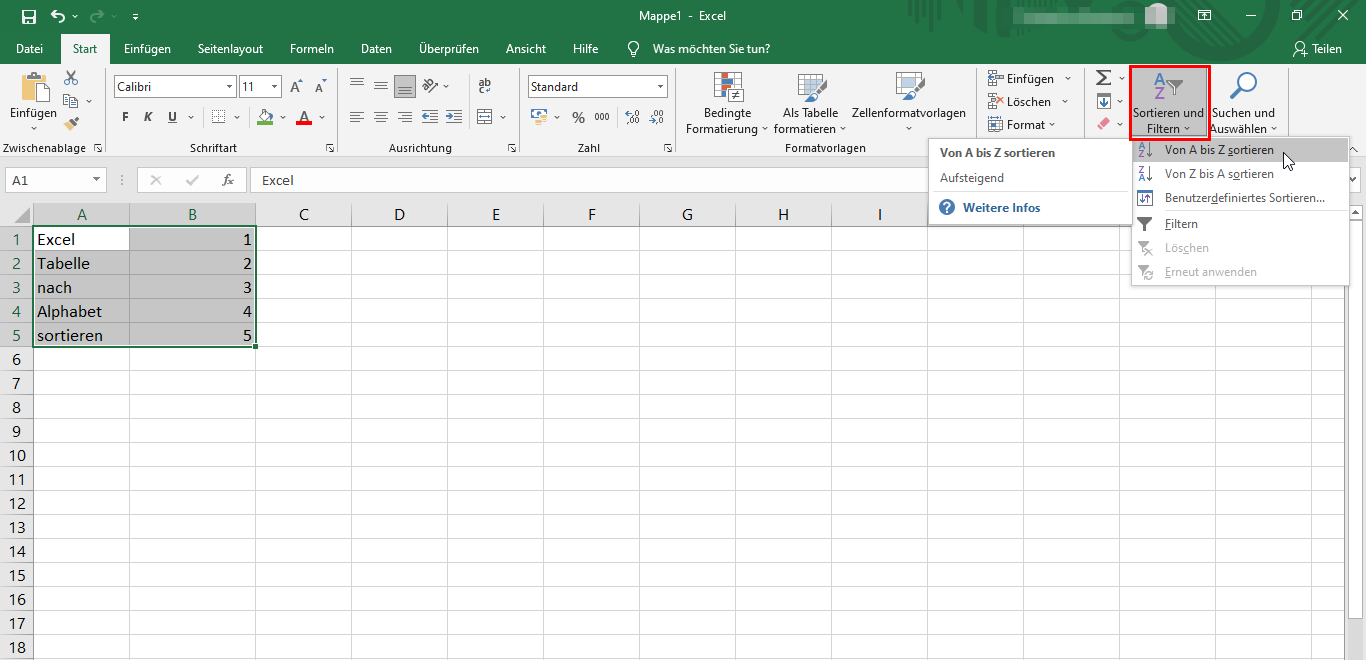 Excel-Liste alphabetisch sortieren