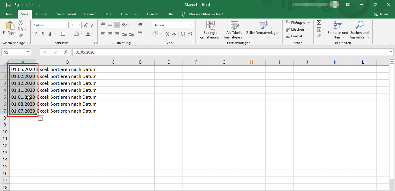 Excel-Liste nach dem Datum sortieren