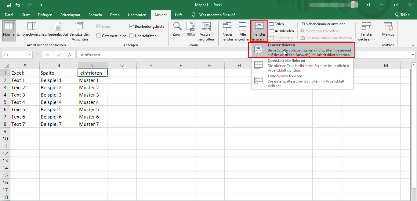 In Excel Spalte einfrieren