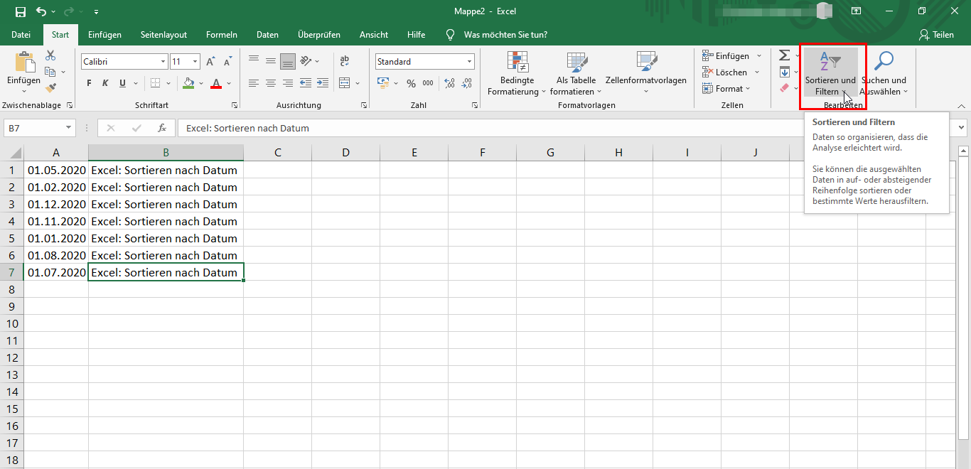 Excel-Tabelle nach dem Datum sortieren
