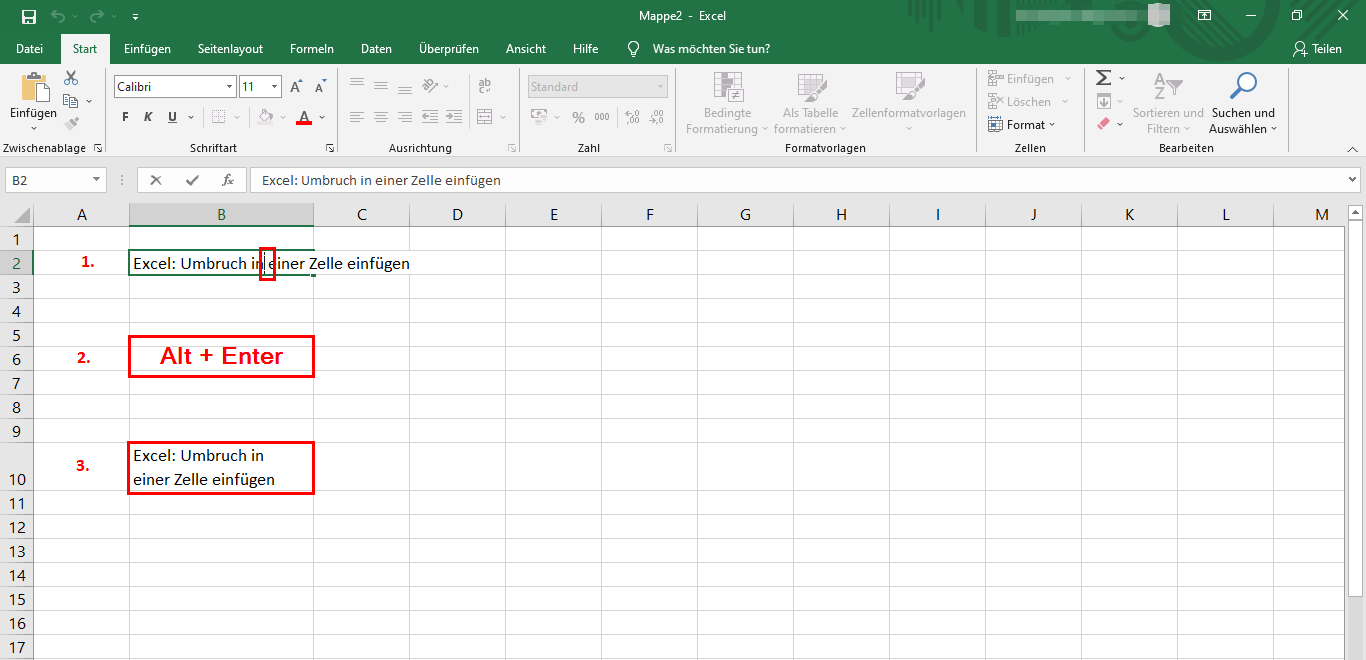 Manueller Umbruch in Excel-Zelle via Shortcut einfügen