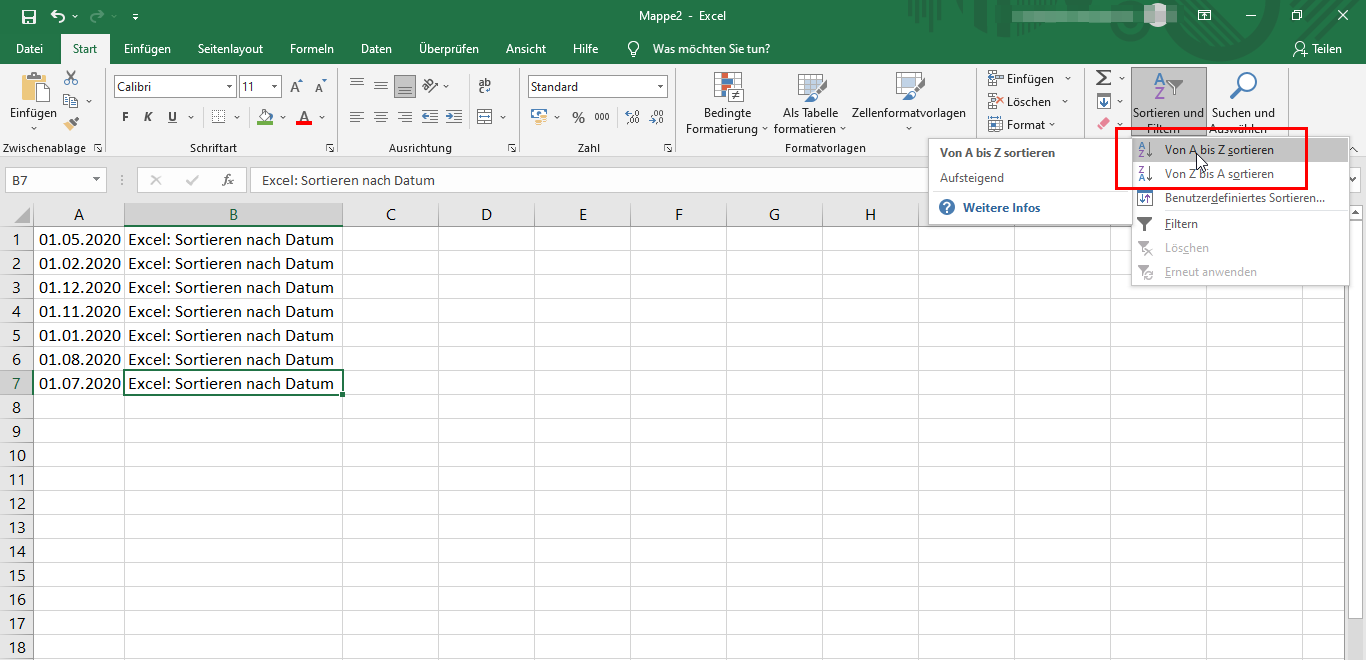 Nach dem Datum sortieren in Excel