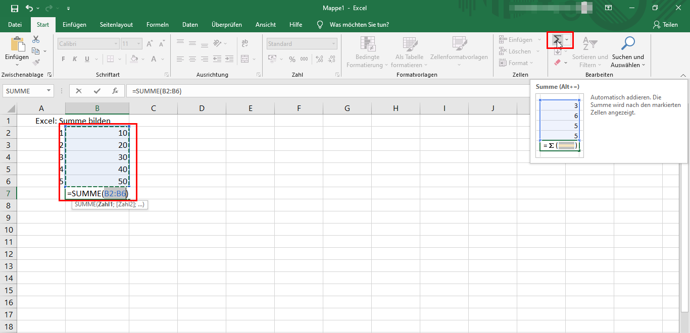 Summenformel in Excel