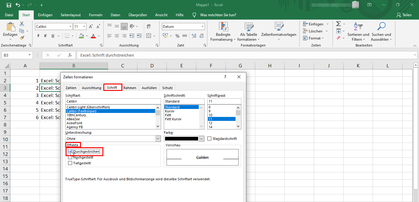 Text durchstreichen in Excel