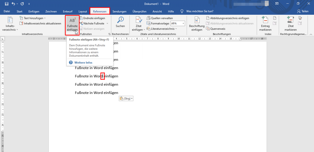 Fußnote in Word