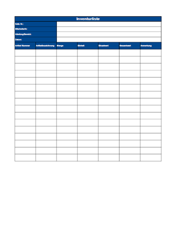 Vorlage / Muster: Inventurliste Excel